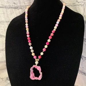 Pink Geode Mala Bead Necklace Boho Aesthetic with Morganite and Agate Beads